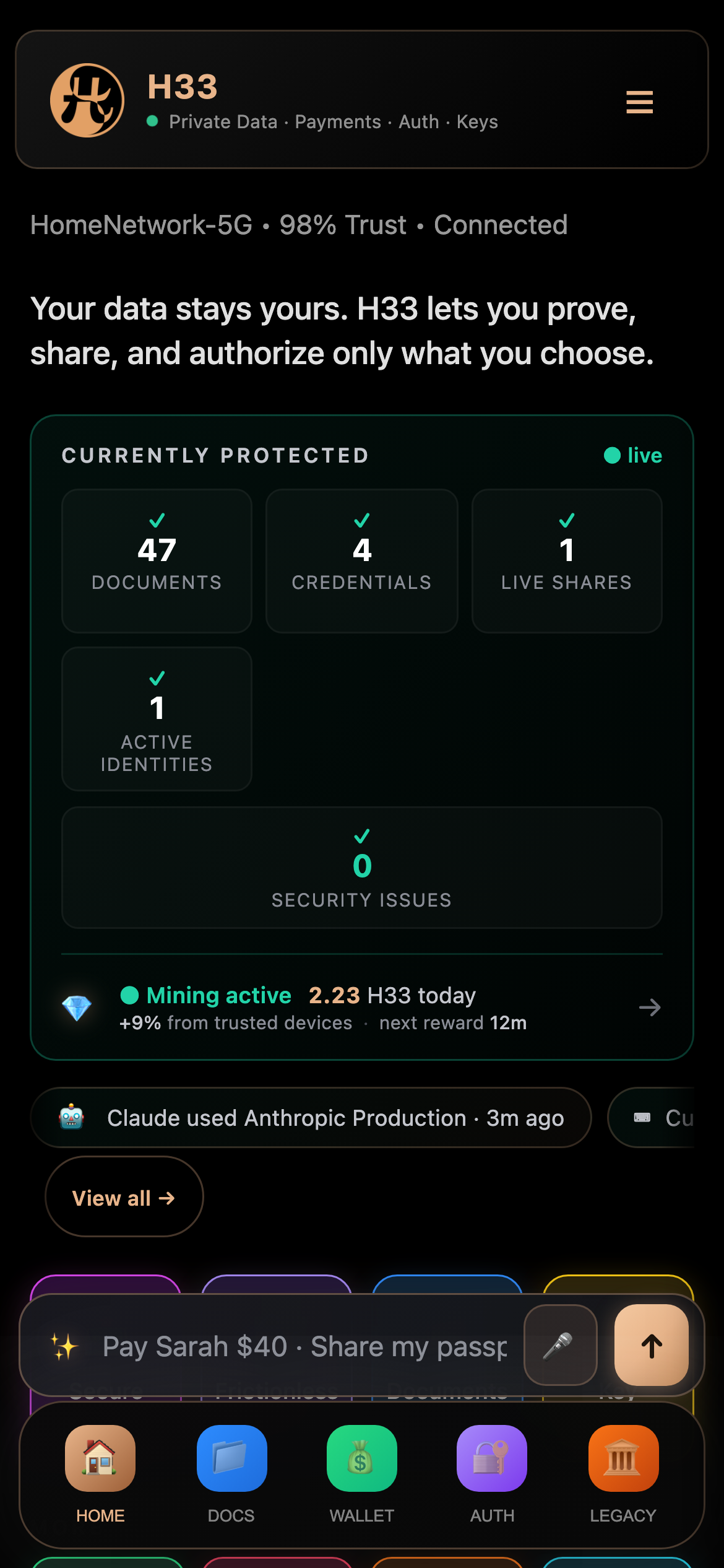 H33 Vault · dashboard · currently protecting 47 documents, 4 credentials, 1 live share, 1 active identity, 0 security issues