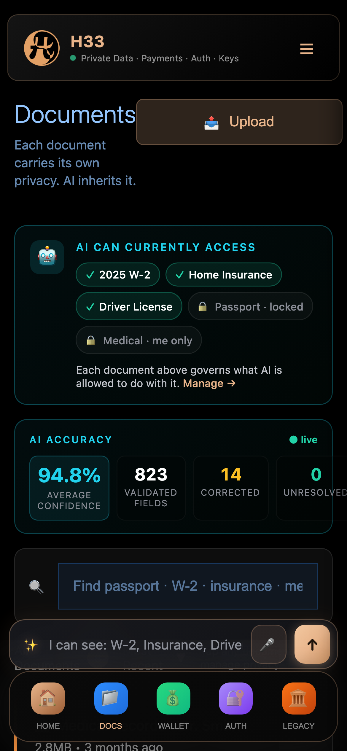 the vault · AI can access W-2, insurance, driver license · 94.8% AI accuracy over 823 validated fields