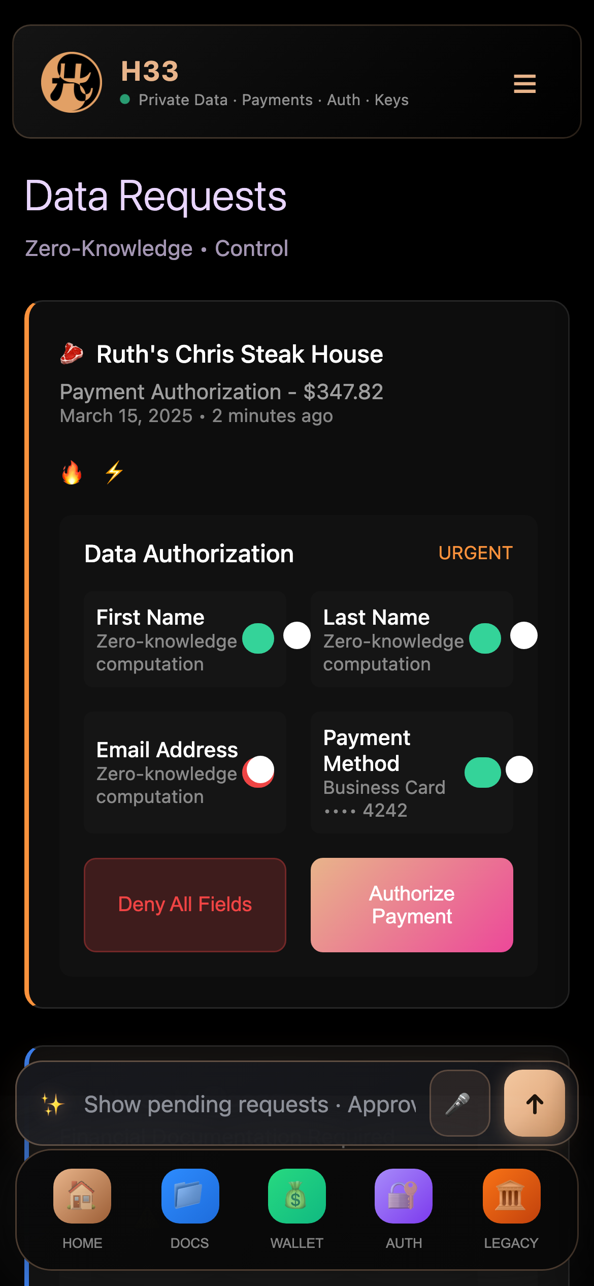H33 Requests · payment + data requests governed by authority chain