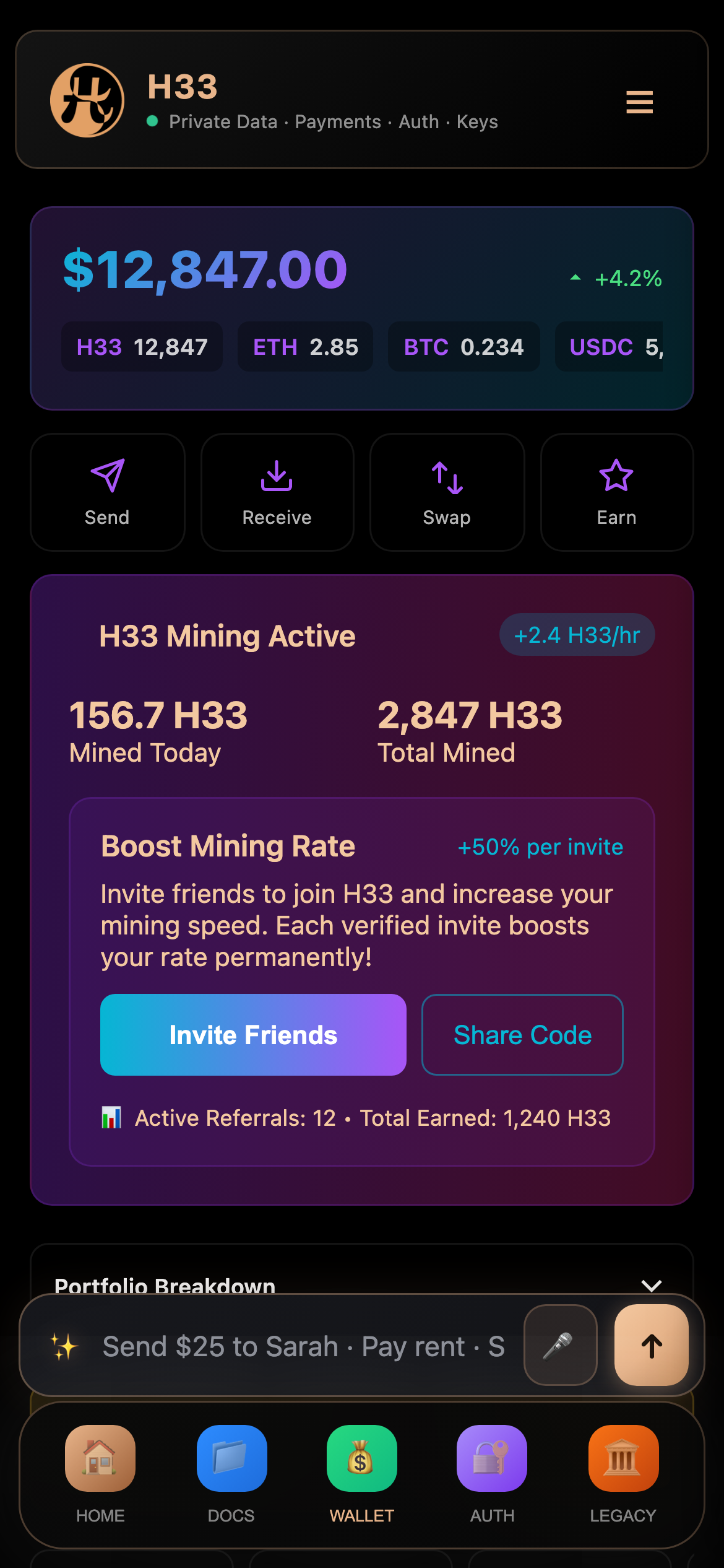 H33 Wallet · send, receive, swap, earn · mining active, portfolio, activity